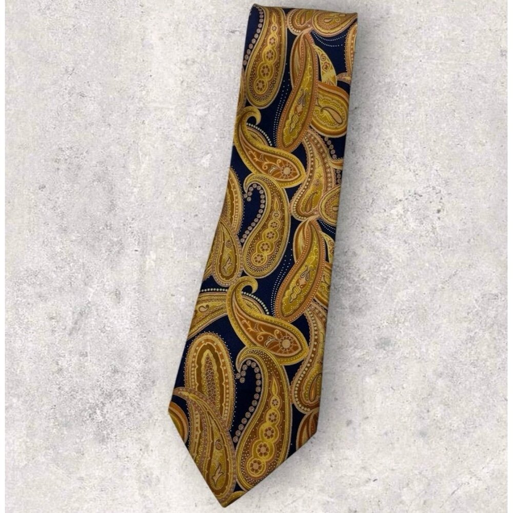 ITALO FERRETTI Silk Tie ITALY XL Navy Gold Brown Paisley W:3.5"